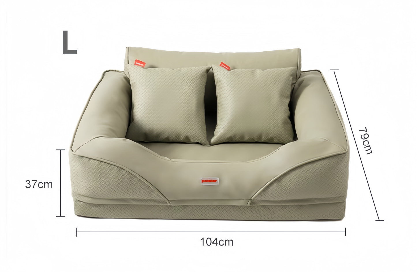 Beige pet bed with dimensions labeled on a white background