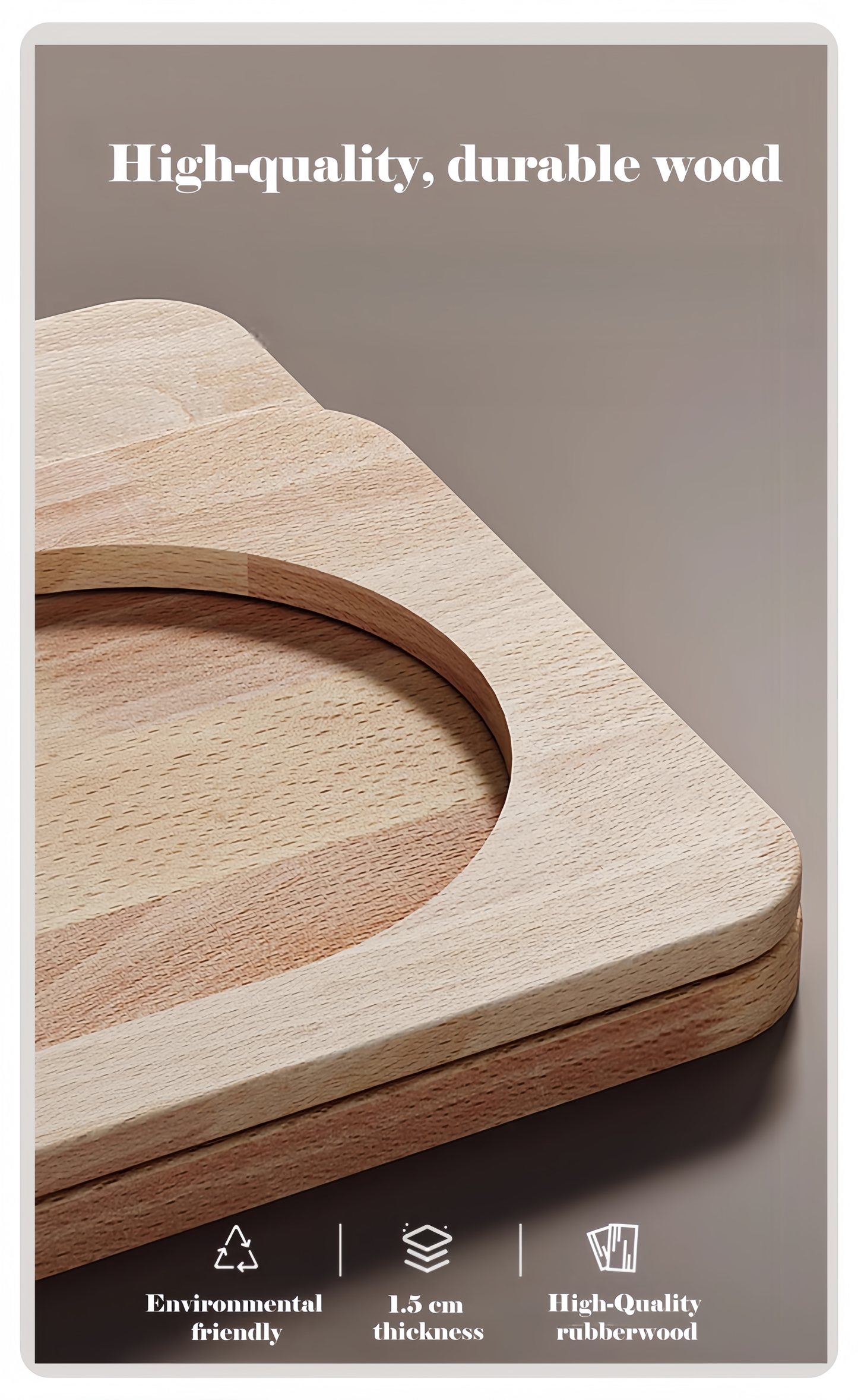 Wooden cutting board with text highlighting its qualities on a beige background