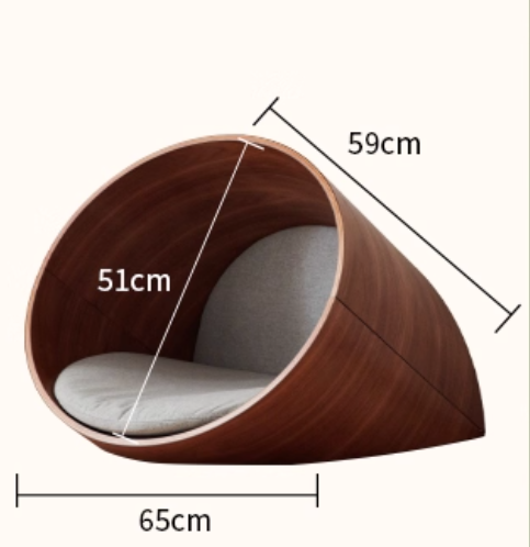 Wooden pet bed with dimensions labeled on a white background