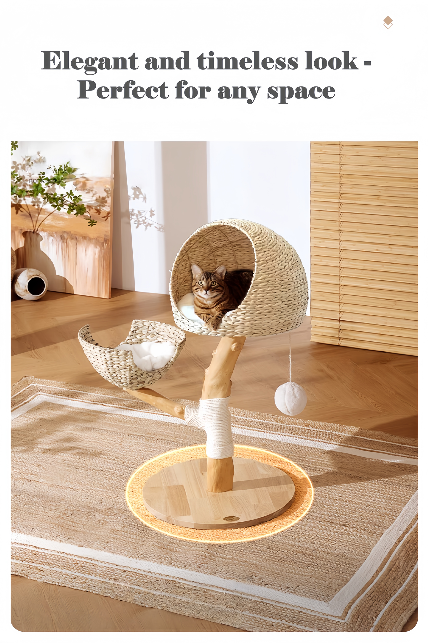 Cat sitting in a wicker cat tree in a stylish room with wooden flooring and decor.