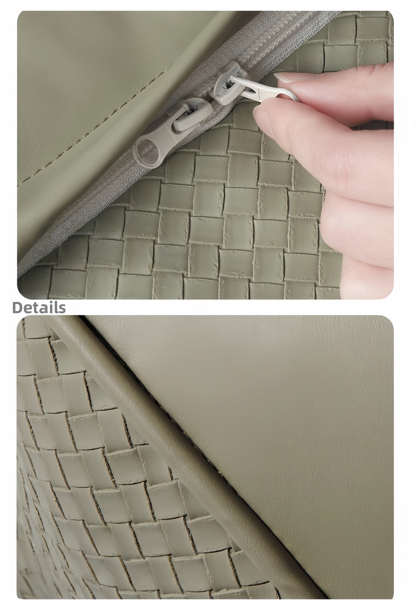 Close-up of a woven handbag with a zipper, showing detailed texture and craftsmanship.