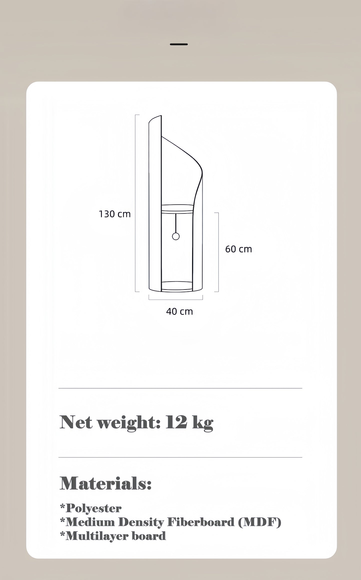 Product dimensions and material information card on a beige background