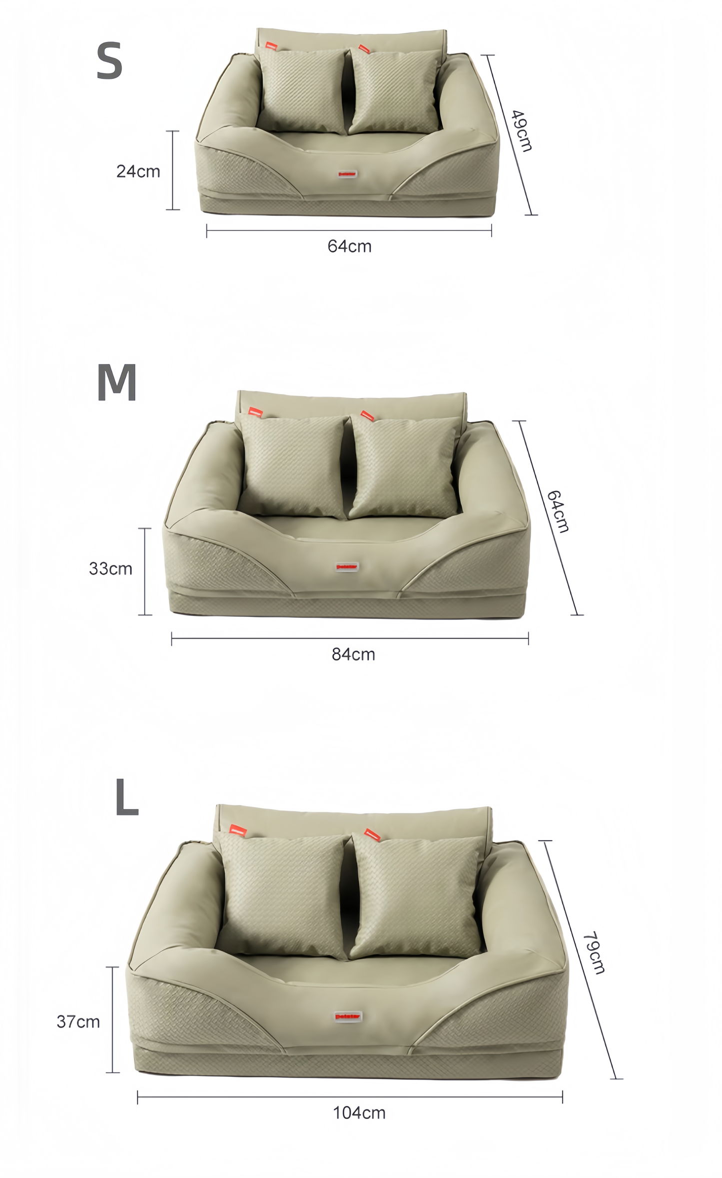 Dimensions of a beige sofa with three size options labeled S, M, and L on a white background.