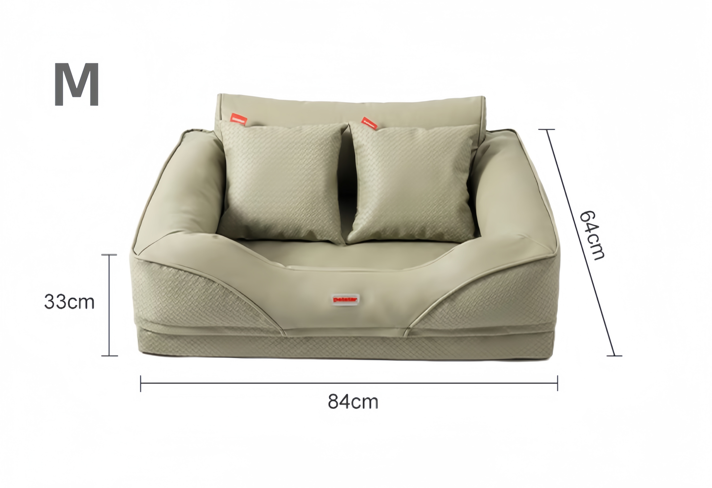 Beige pet bed with dimensions labeled on a white background