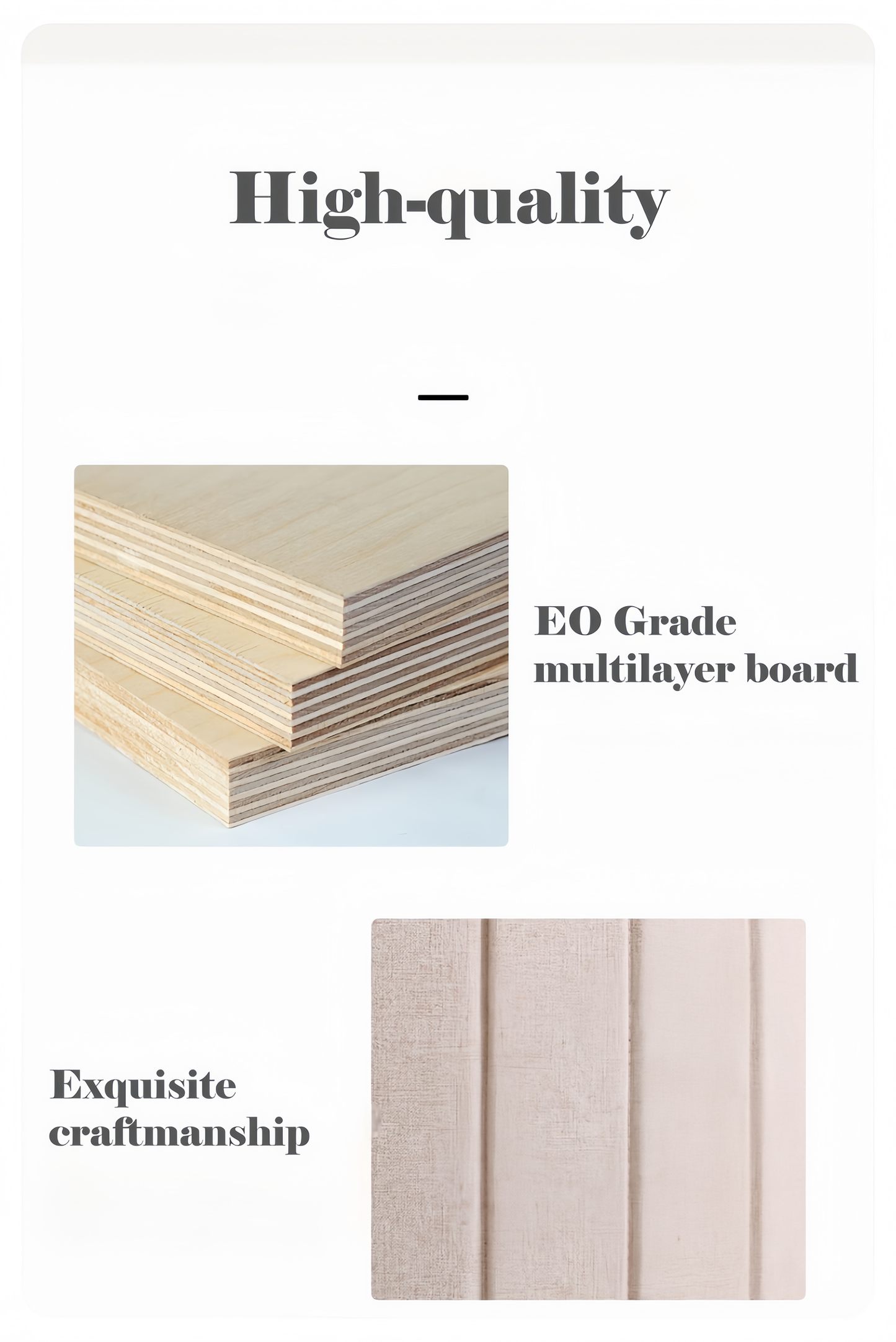 Stack of high-quality E0 grade multilayer boards with text on a white background