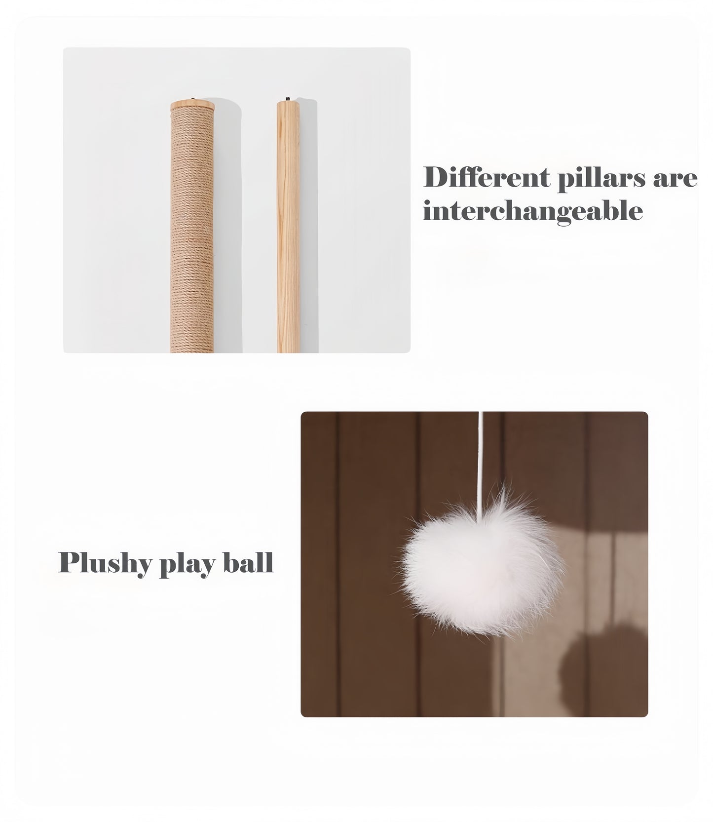 Two pillars and a plushy play ball with text indicating interchangeability.