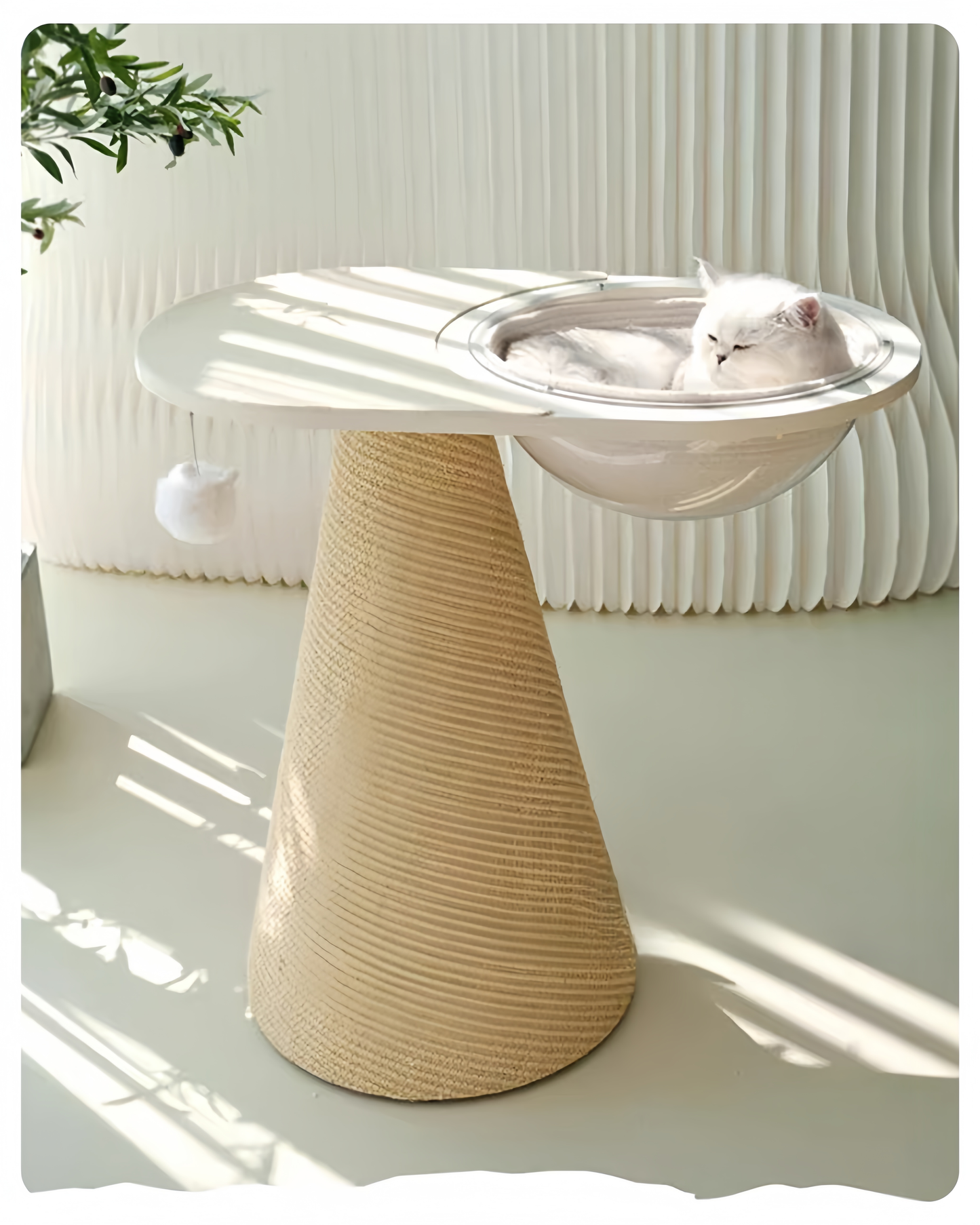Cat bed on a pedestal with a textured base, placed on a light surface.