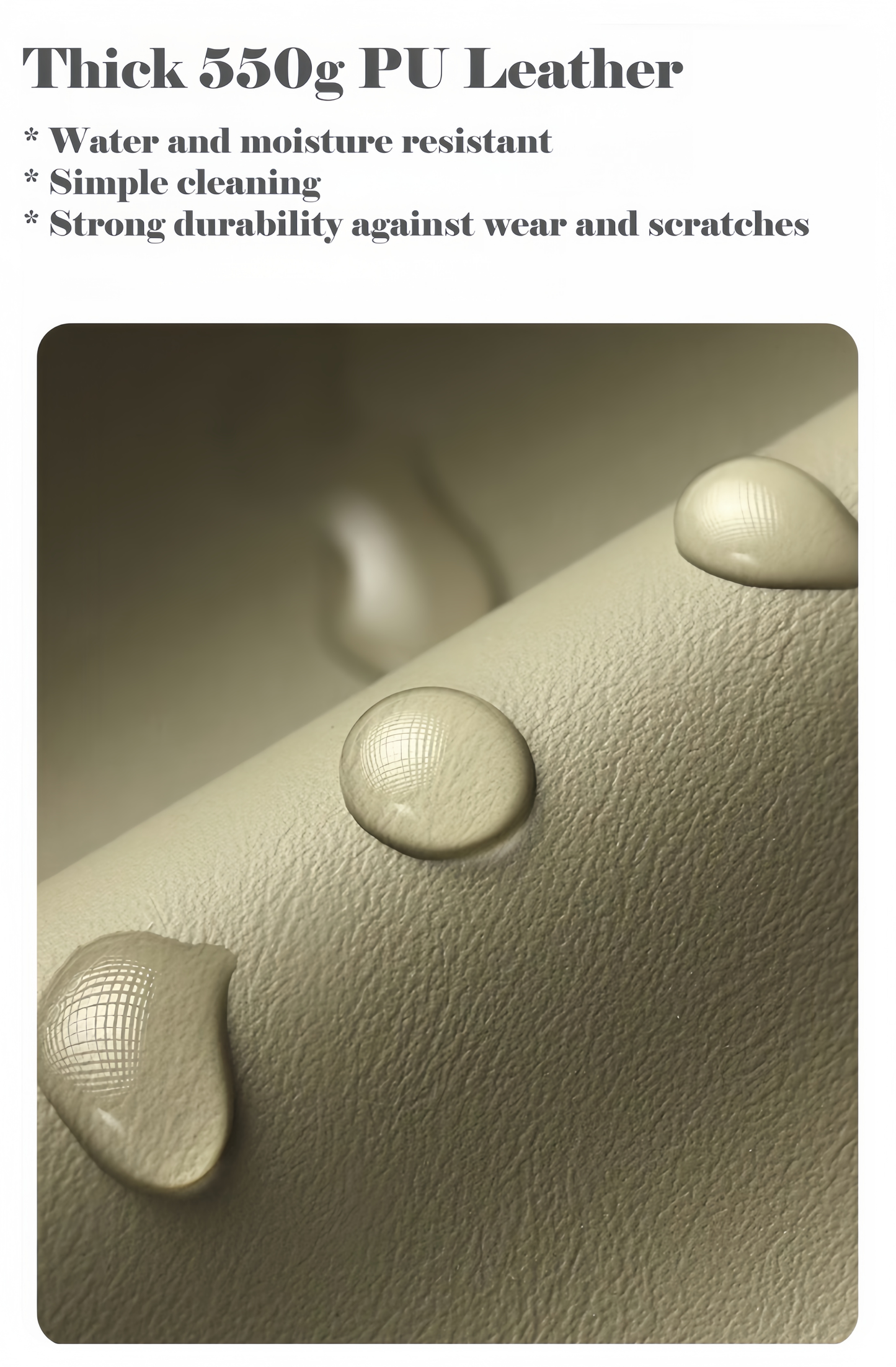 Beige leather surface with water droplets and text highlighting features