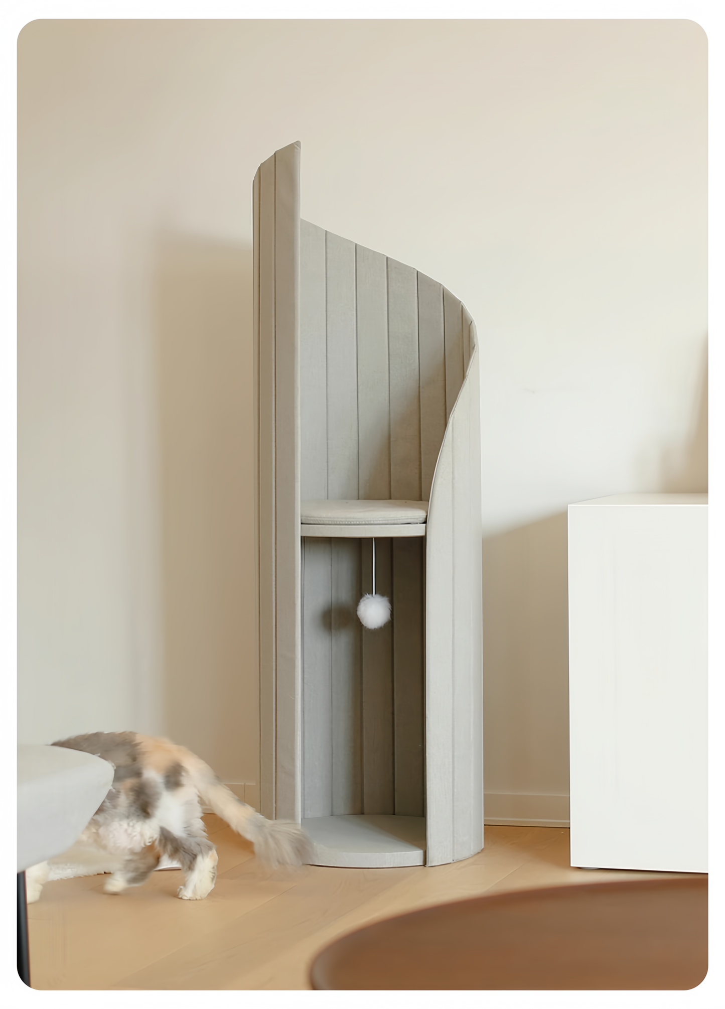 Pet play area with a small dog interacting with a modern cat tree.