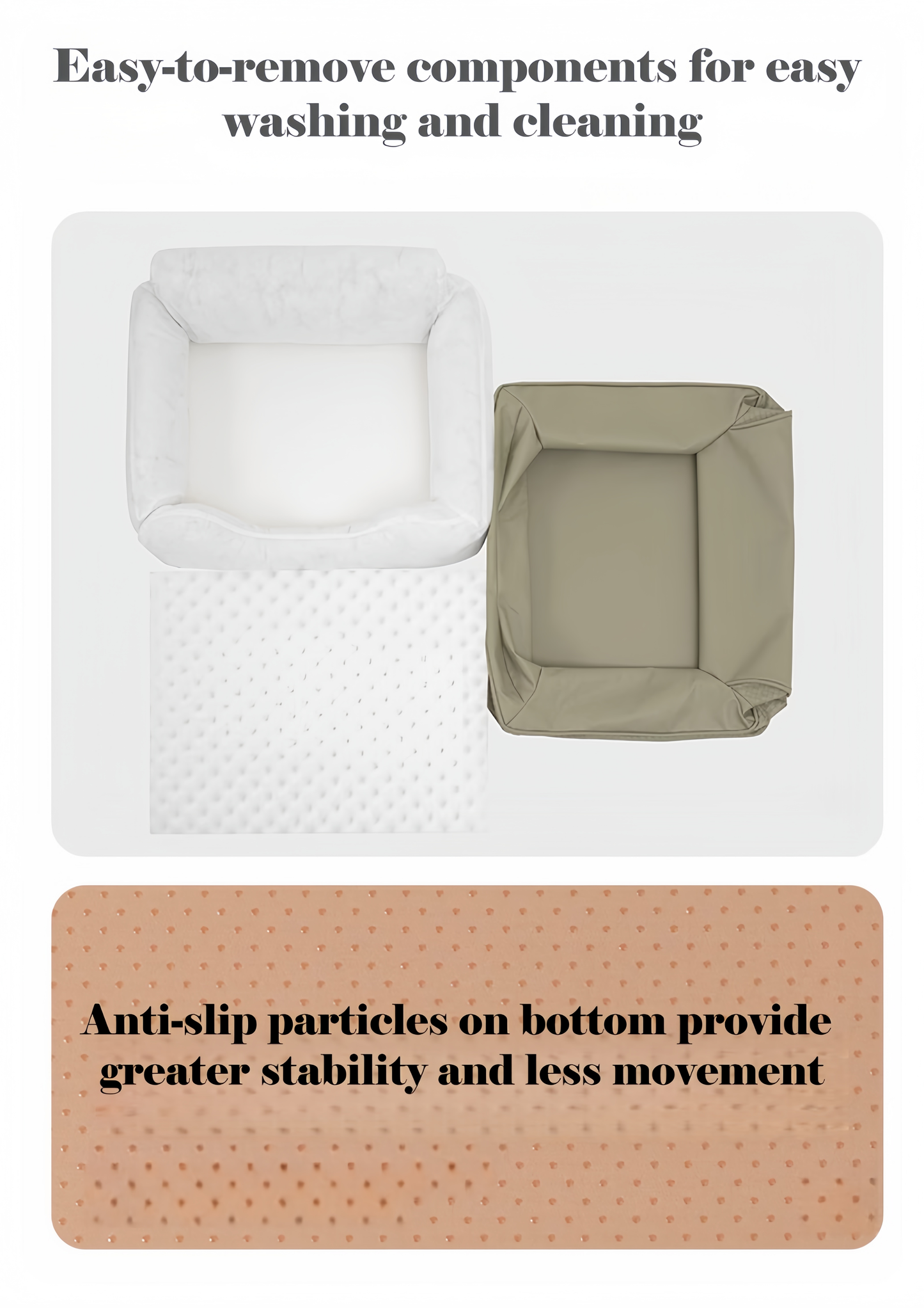 Product with text about easy-to-remove components and anti-slip particles on a white background.