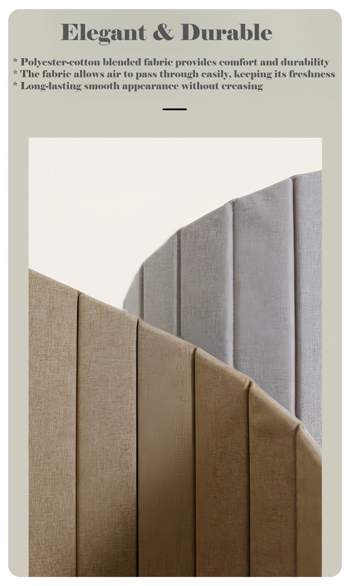 Text on fabric properties with a close-up of brown and gray fabric.