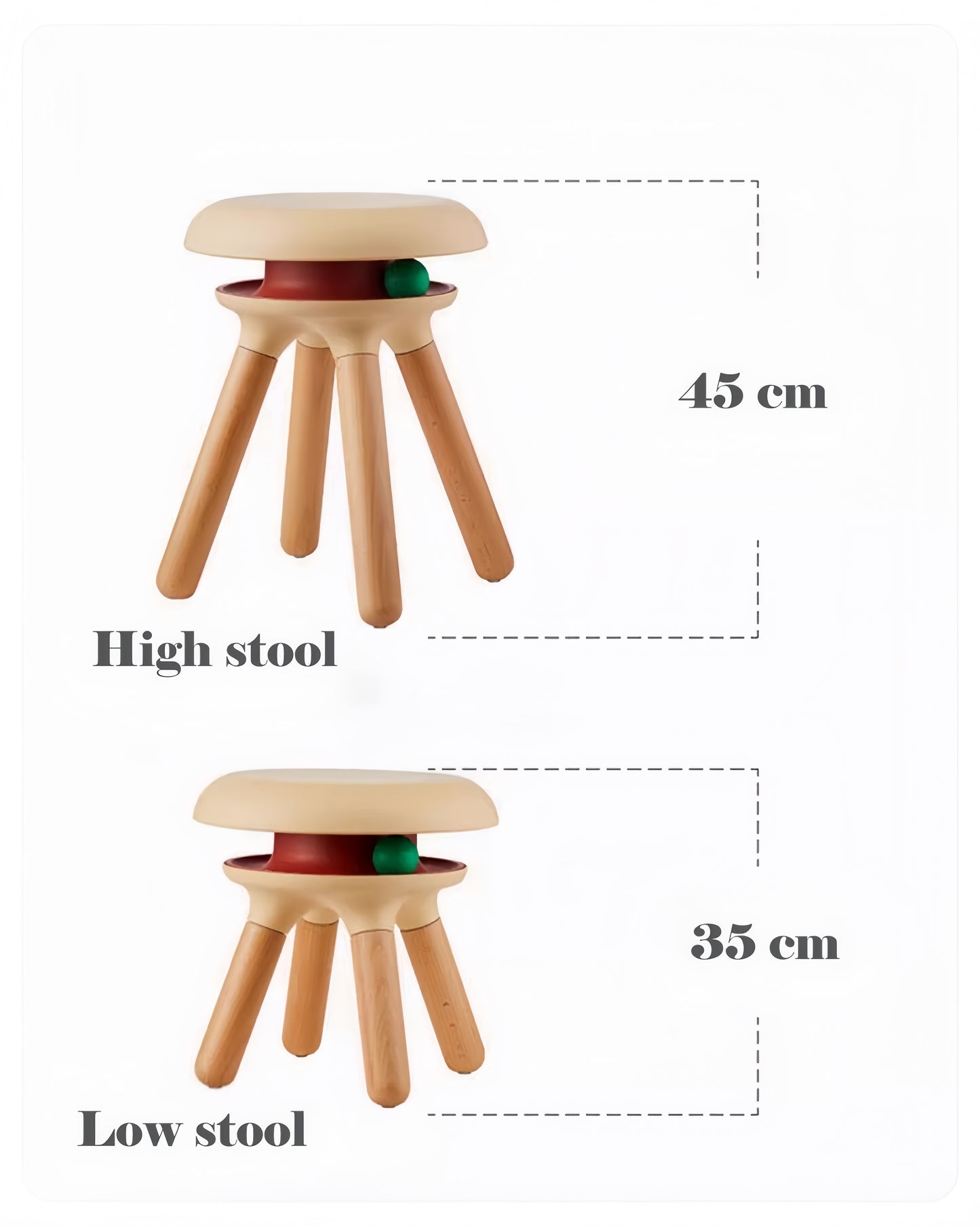 Two wooden stools, one high and one low, with measurements indicated on a white background.