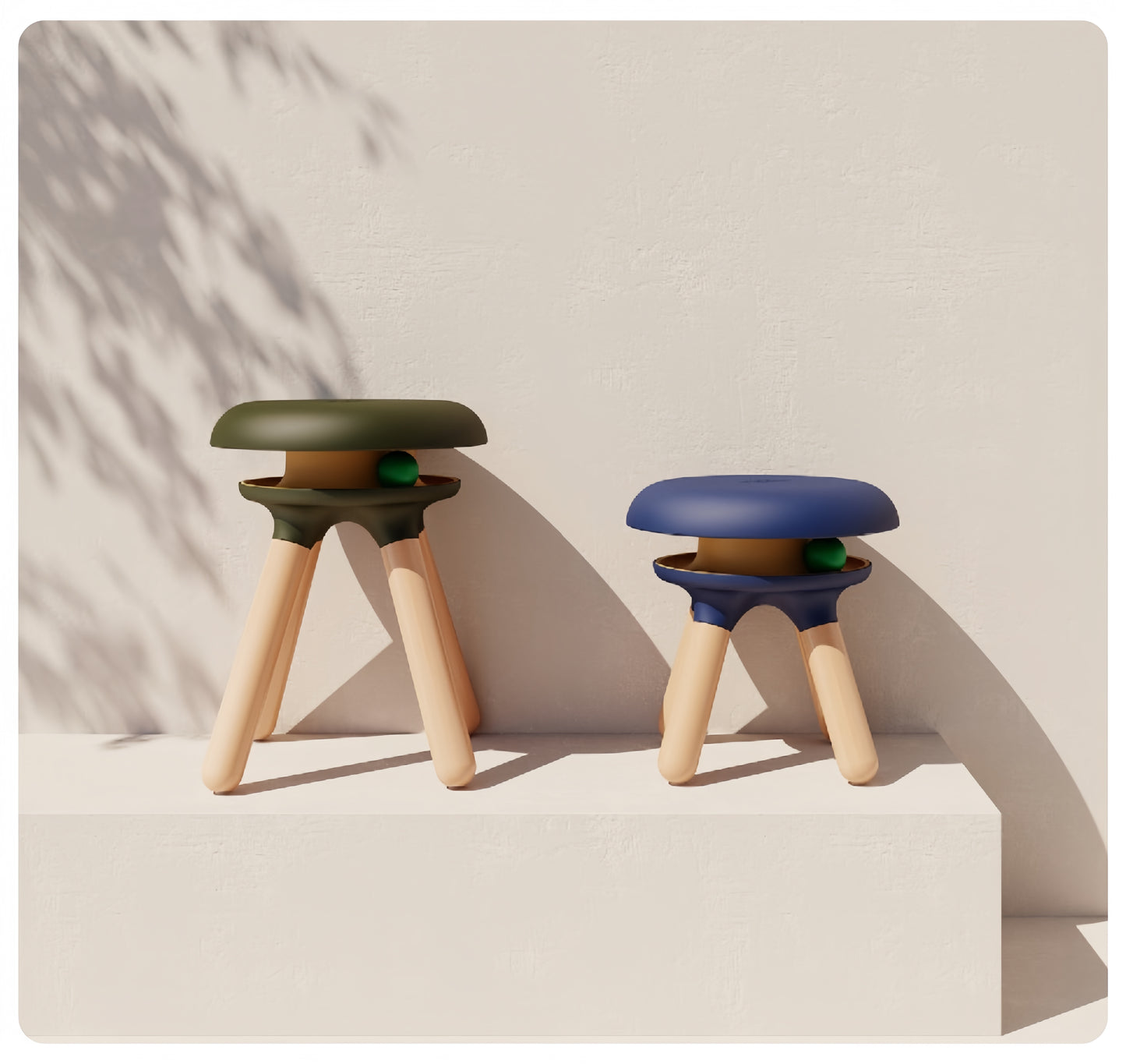 Two small stools with green and blue seats on a neutral background