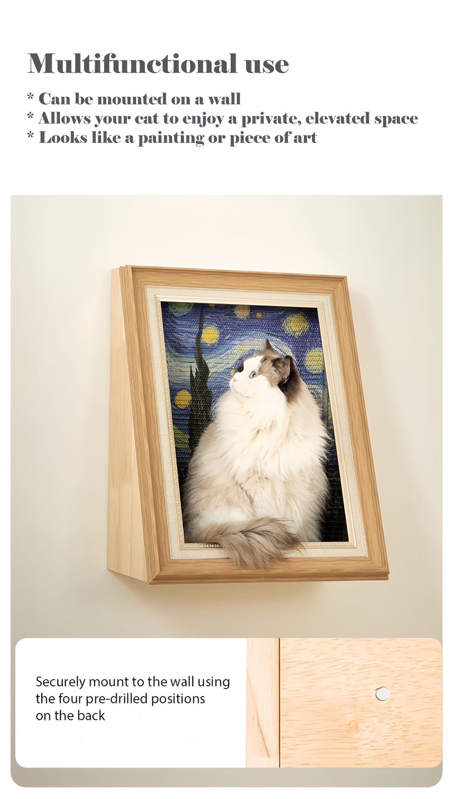 Framed artwork with a cat inside, resembling 'Starry Night', on a wall.