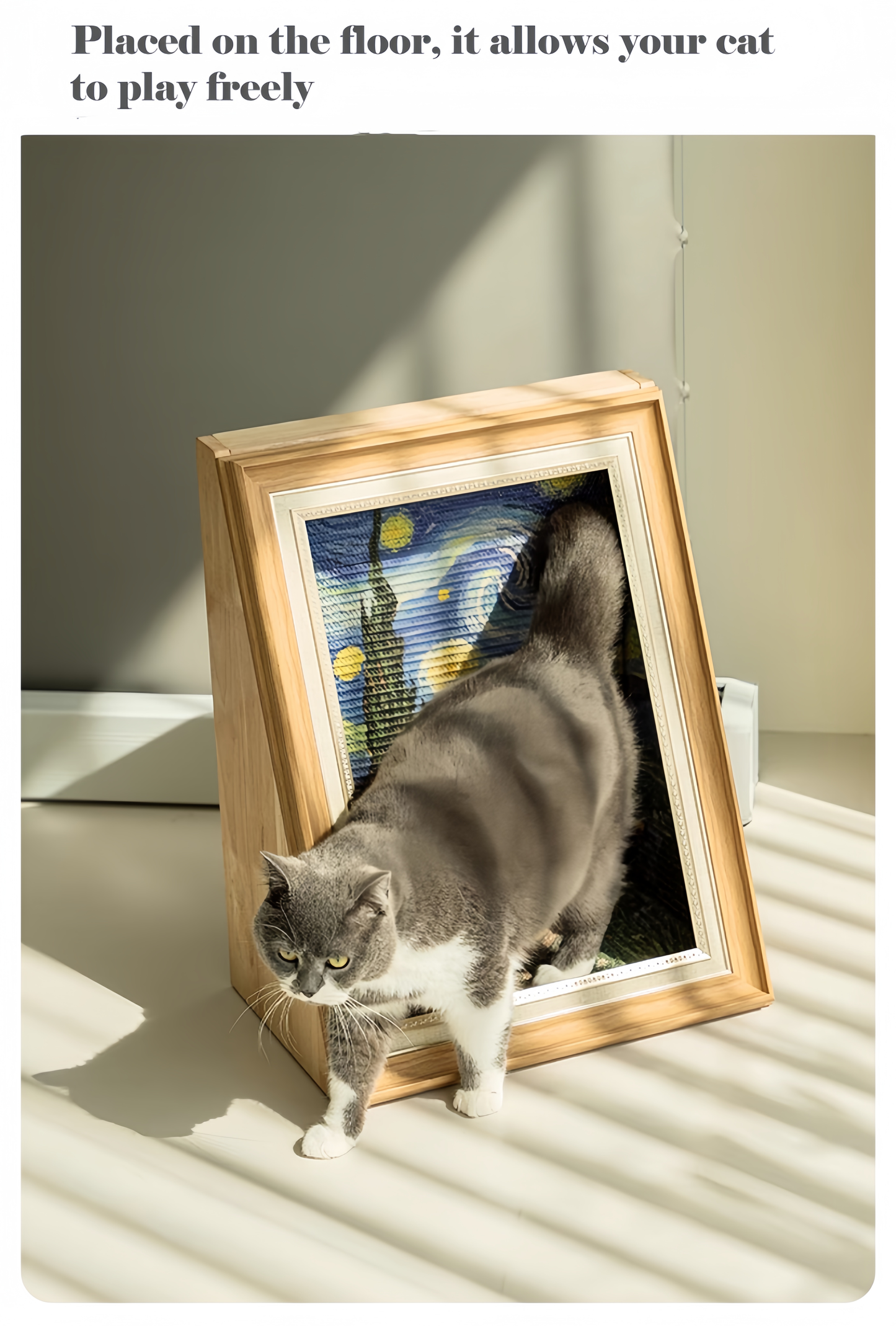 Cat using a pet door shaped like a wooden picture frame on a light-colored floor.