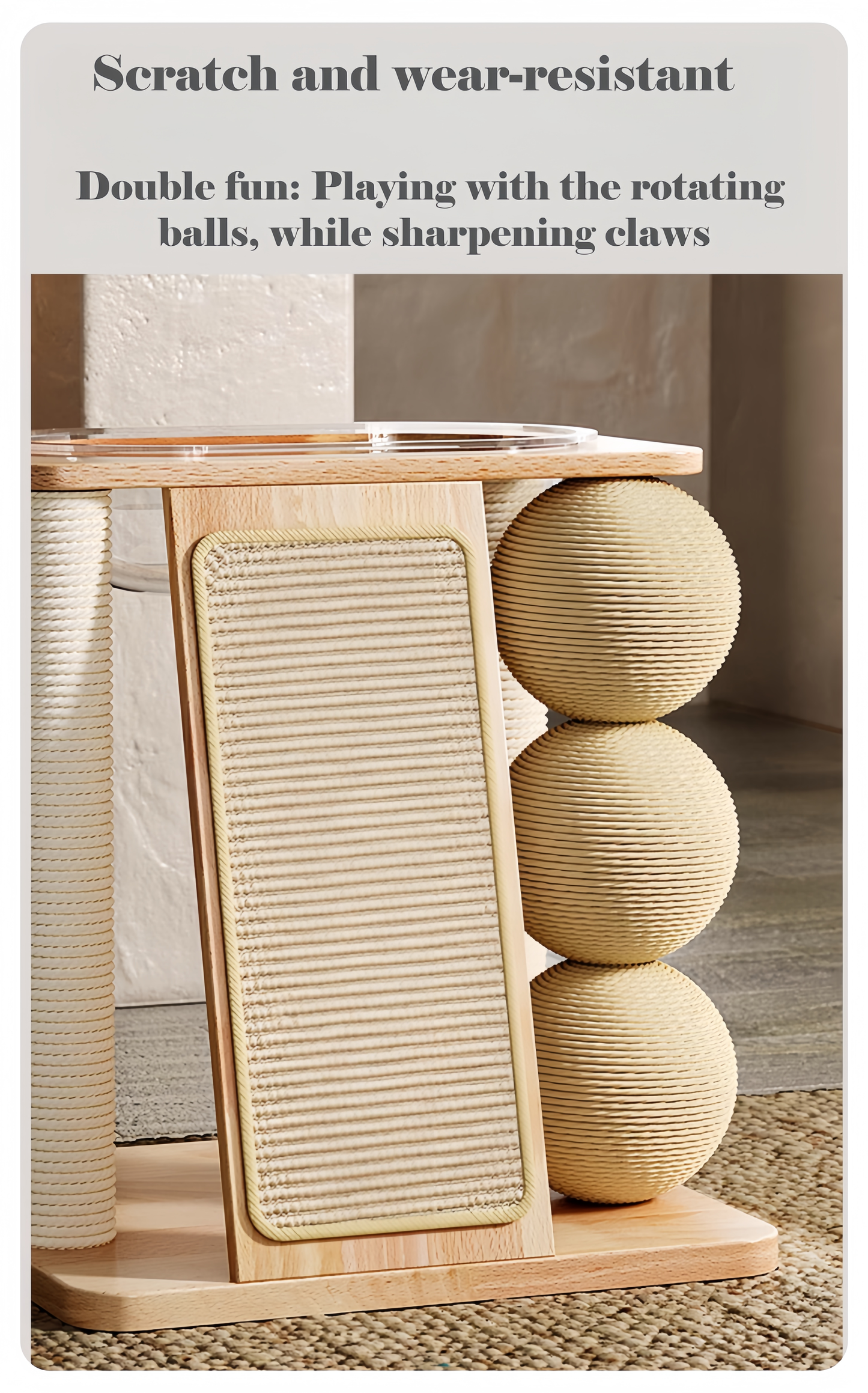 Cat toy with scratching post and rotating balls on a neutral background