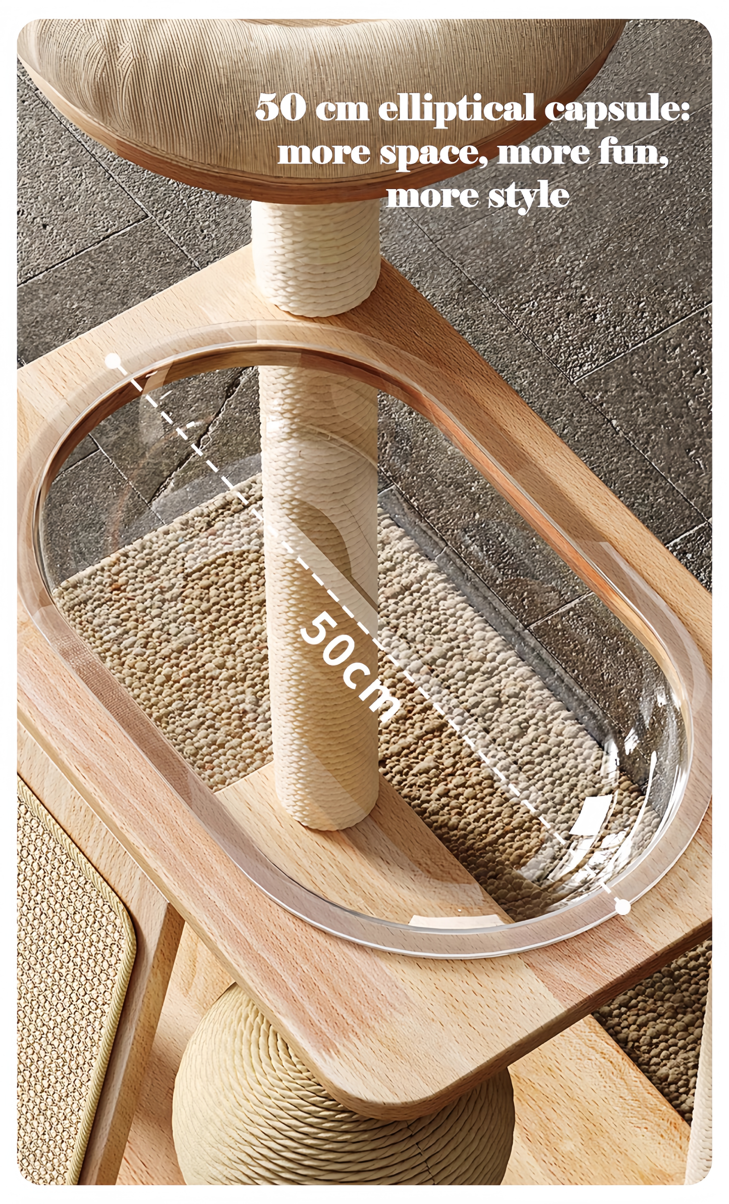 Wooden cat tree with cylindrical platform and text indicating size and features