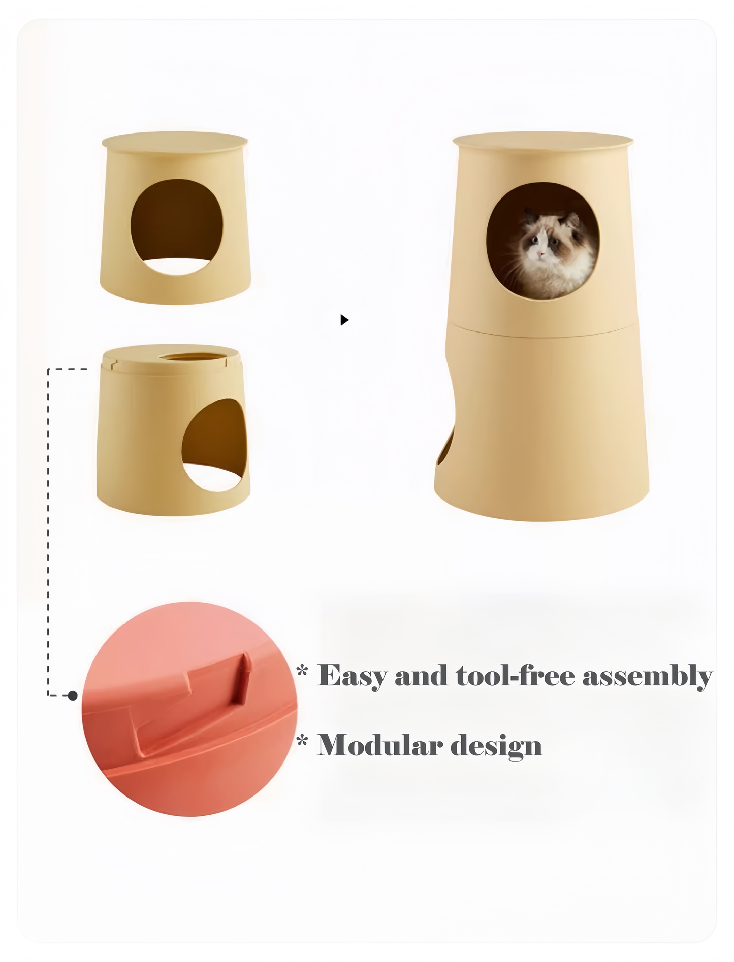 Beige cat立体house with modular design and easy assembly text on a white background