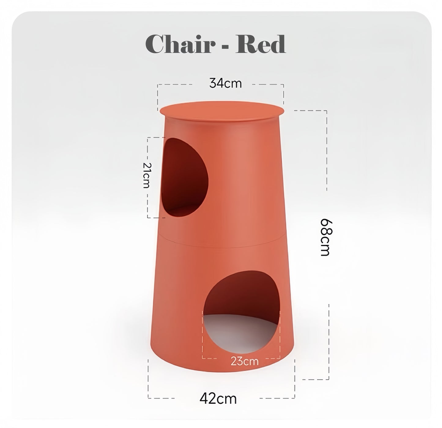 Red chair with dimensions on a white background
