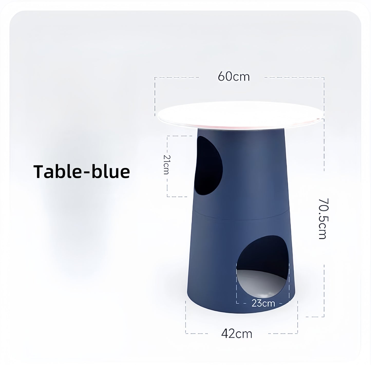 Blue table with dimensions on a white background