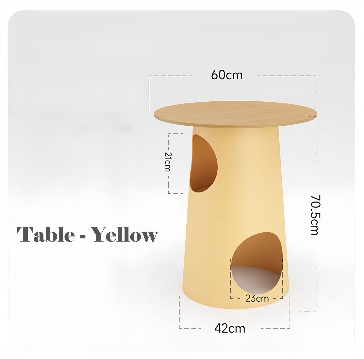 Yellow table with dimensions on a white background