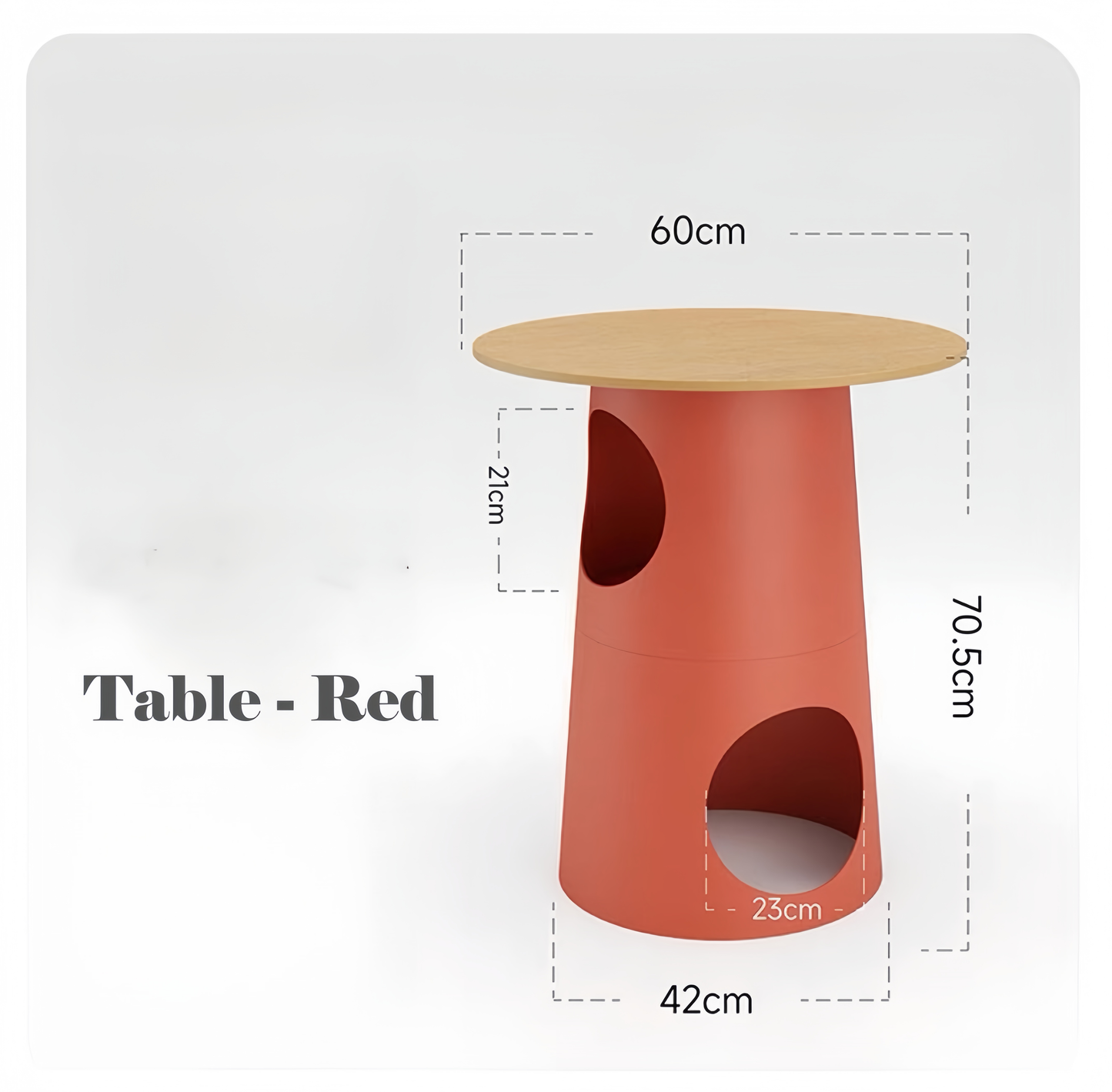 Red table with dimensions on a white background