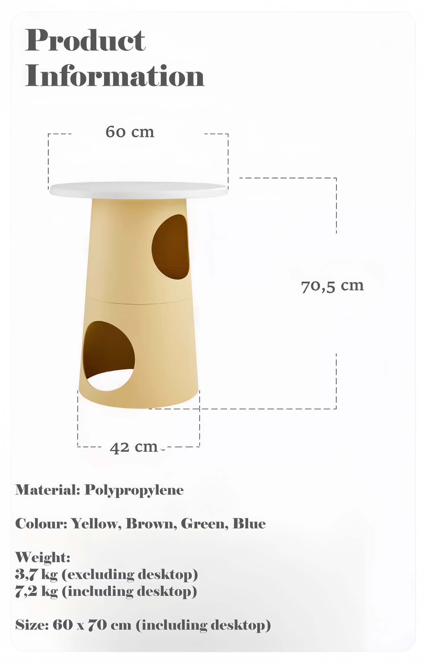 Product information diagram of a cylindrical object with dimensions and material details.