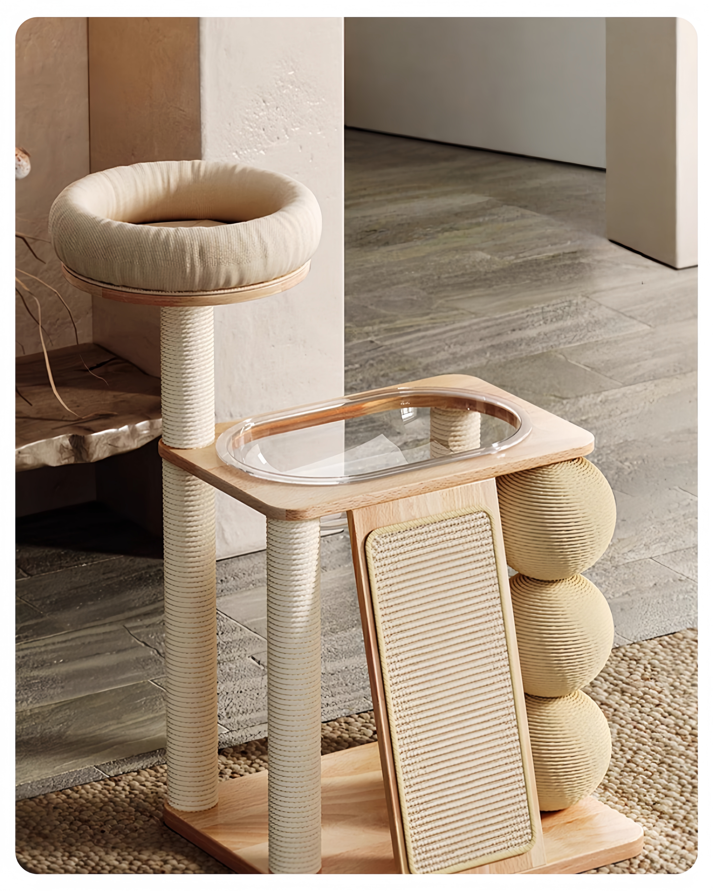 Cat tree with multiple levels and scratching posts in a room setting