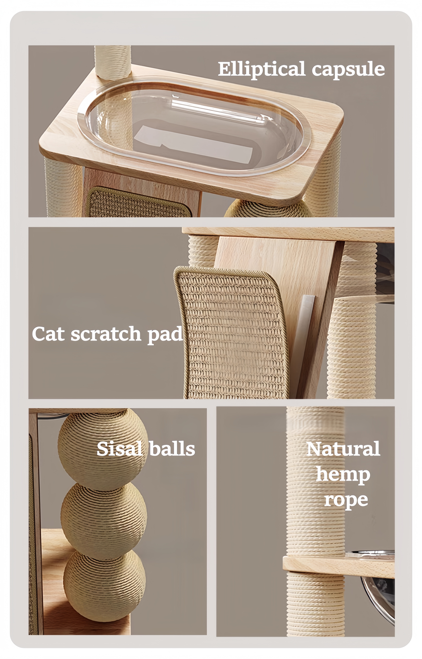 Cat scratch post with labeled components including an elliptical capsule, sisal balls, and natural hemp rope.