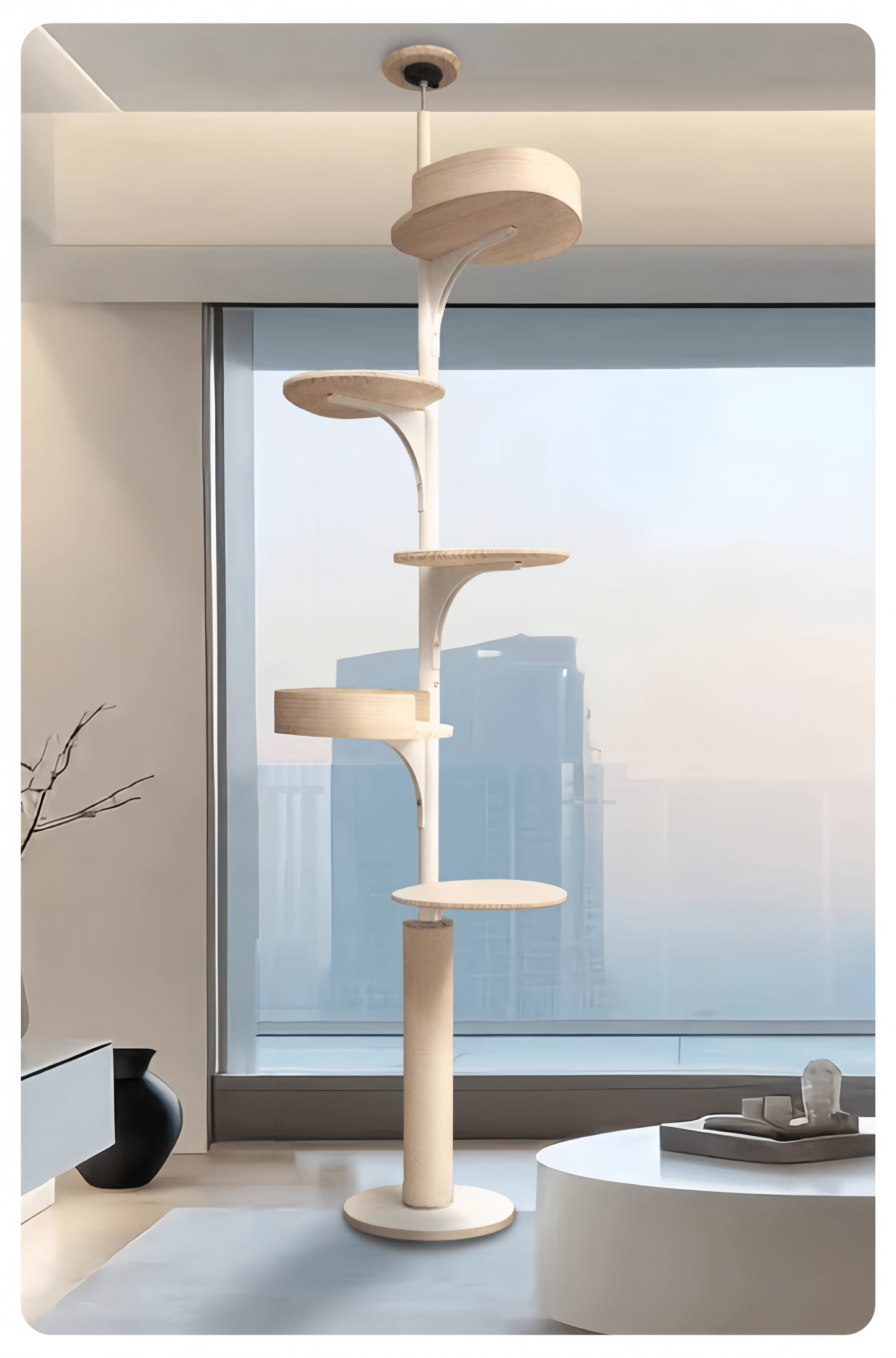 Modern cat tree with multiple levels in a room with large windows.