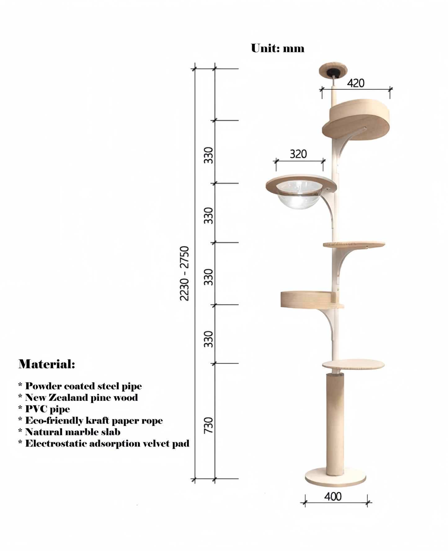 Dimensions of a multi-level cat tree with measurements in millimeters.