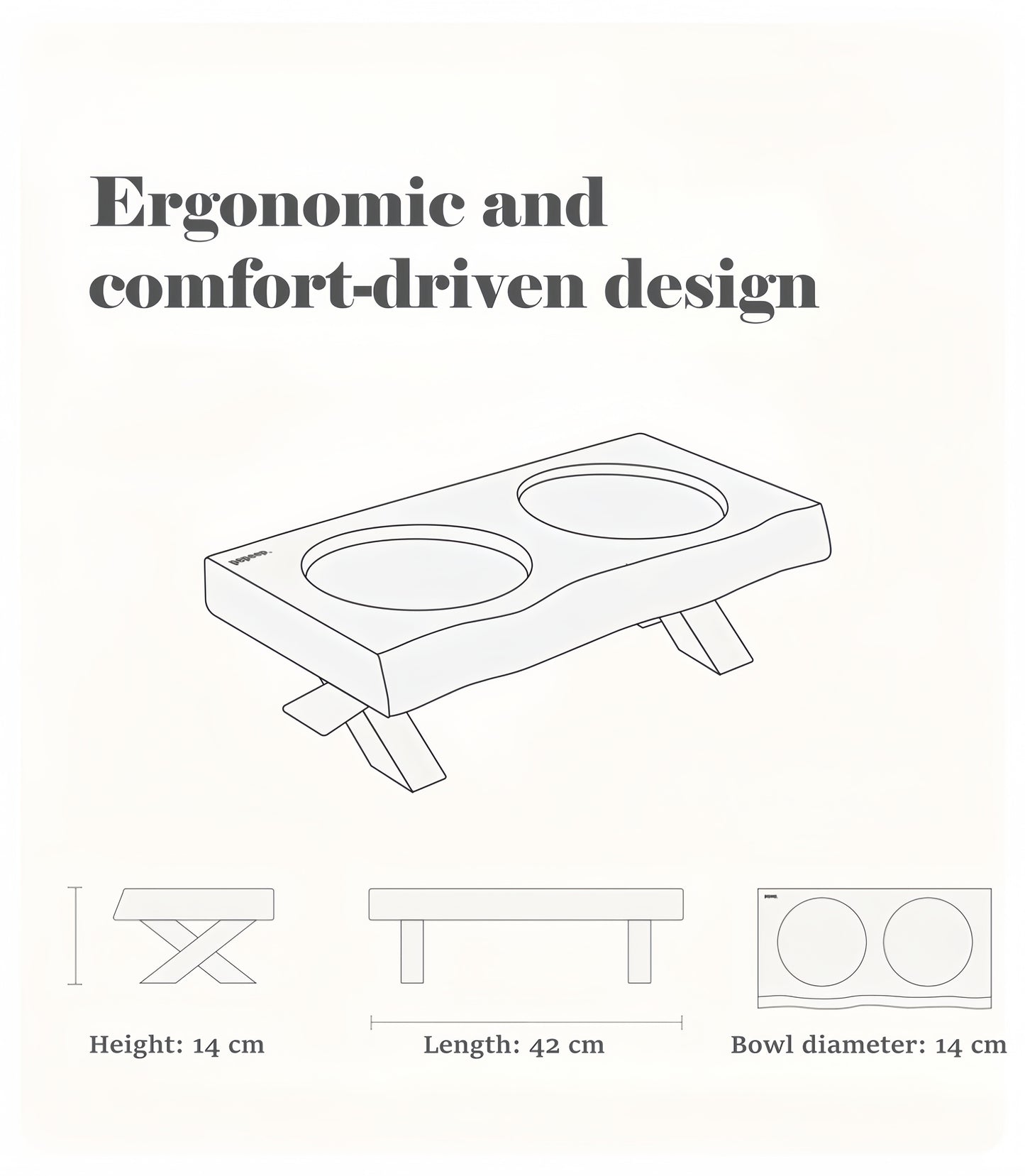 Line drawing of a pet feeding station with dimensions on a white background