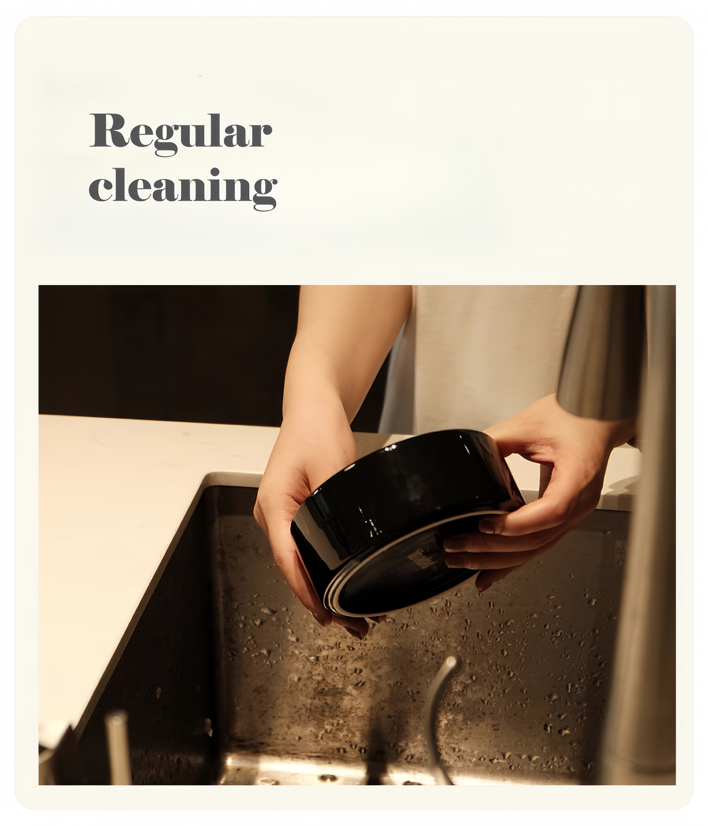 Person washing a black dish in a sink with text 'Regular cleaning' on a light background