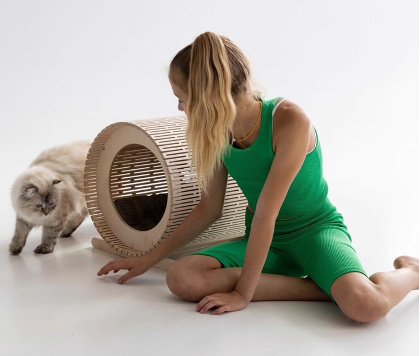 Woman in green dress interacting with a cat on a white background