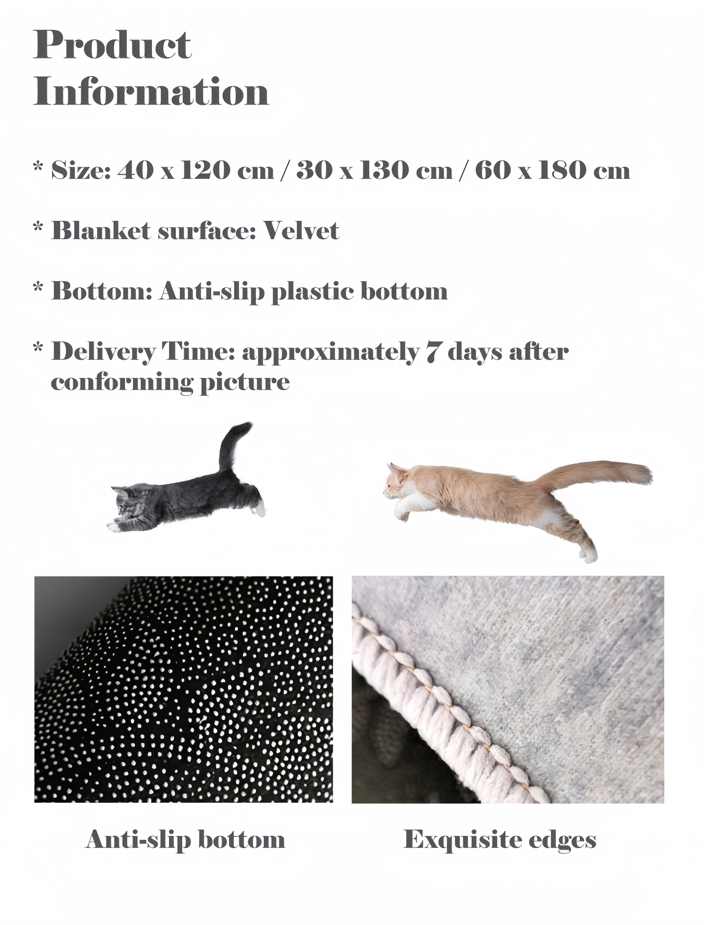 Product information and images of a cat on a blanket with details about size, material, and delivery time.