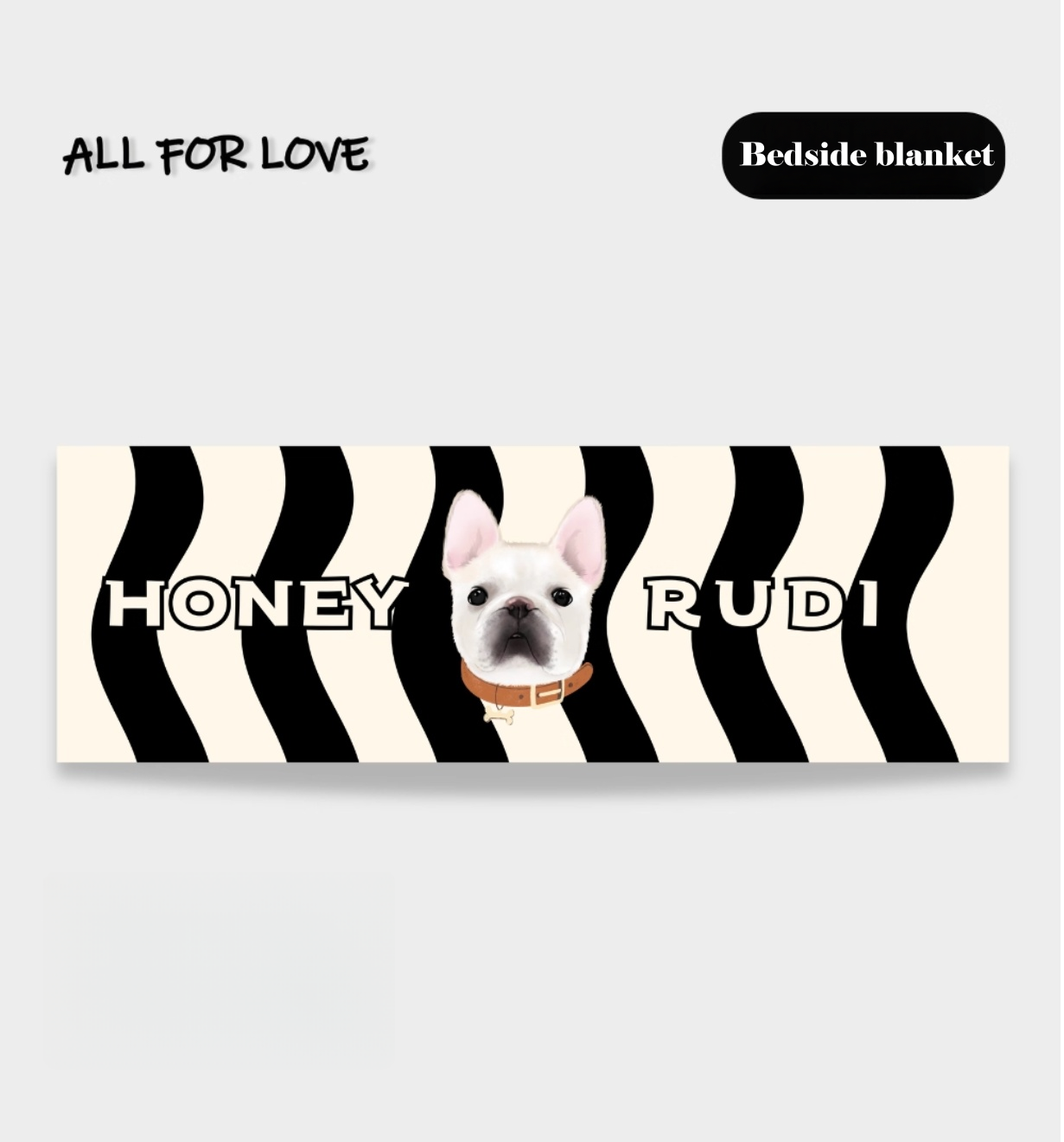 Bedside blanket with zebra pattern, dog's face, and text 'Honey Rudi' on a light gray background.
