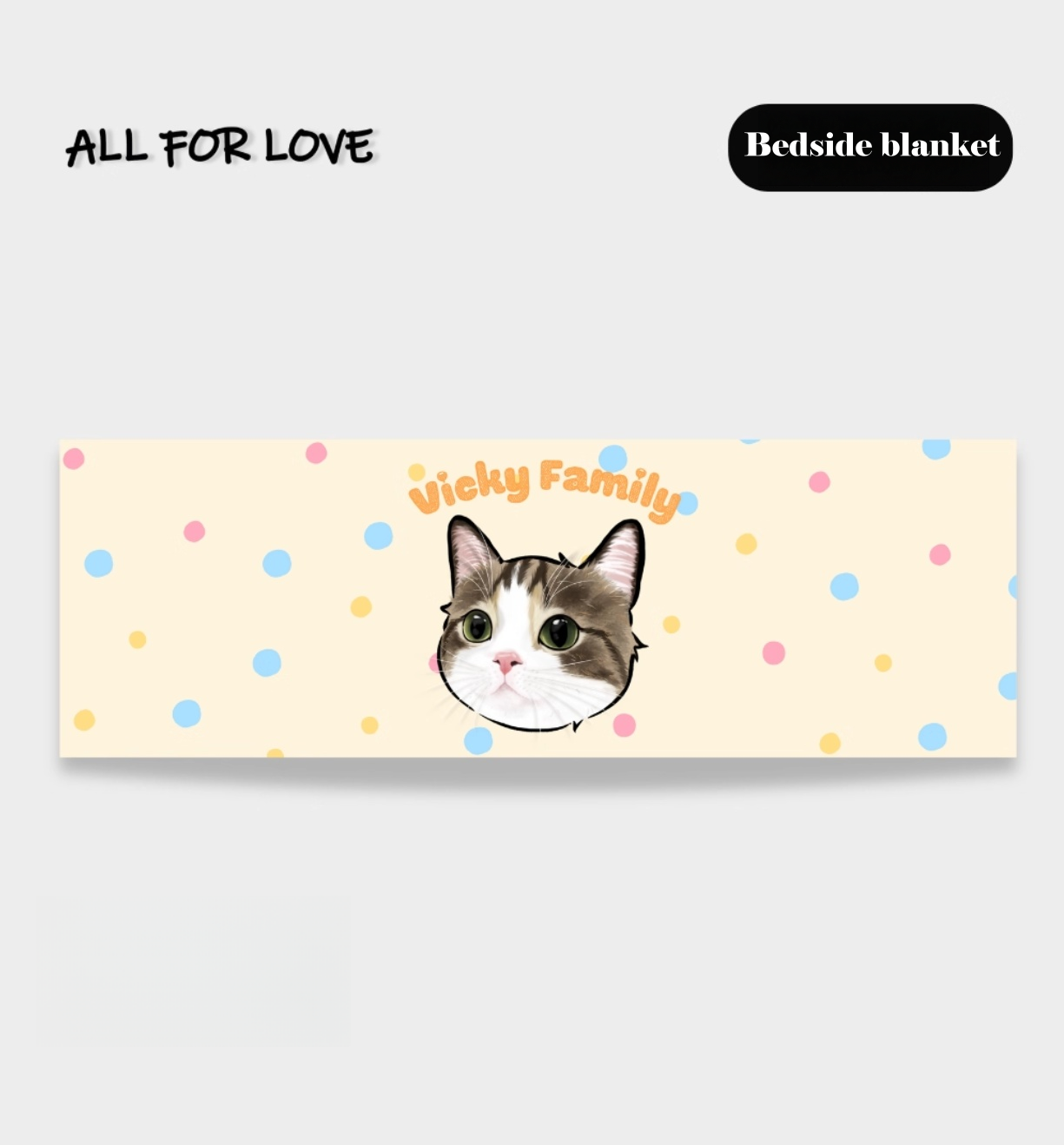 Bedside blanket with a cat design and 'Vicky Family' text on a light background