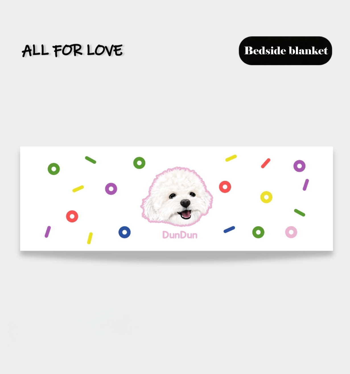 Bedside blanket with a dog illustration and colorful dots on a white background