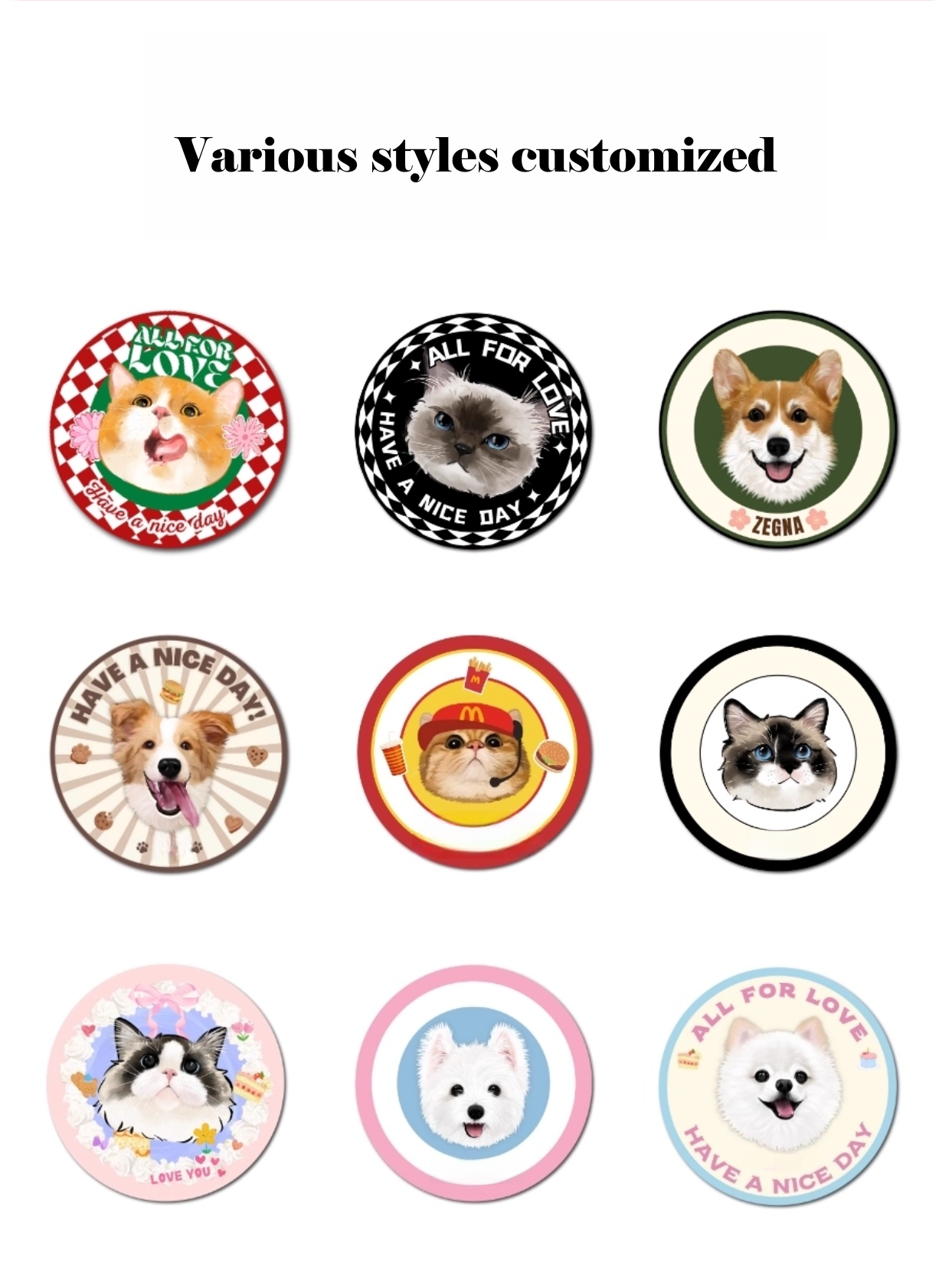 Collection of various dog-themed coasters with different designs on a white background.