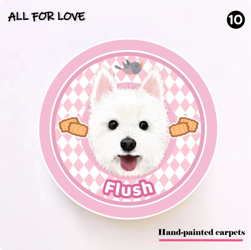 Circular product with a white dog illustration, pink checkered border, and 'Flush' text on a light pink background.