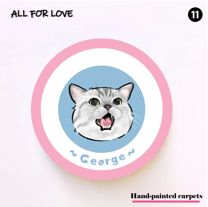 Circular design with a cat illustration and 'All for Love' text on a pink and white background