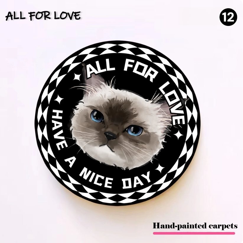 Round sign with a cat's face and text 'All for love, have a nice day' on a white background.