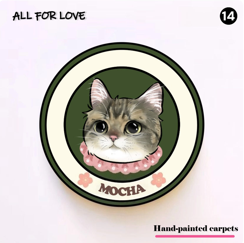 Circular design with a cat illustration and 'Mocha' text on a light pink background, featuring the brand 'All for Love'.