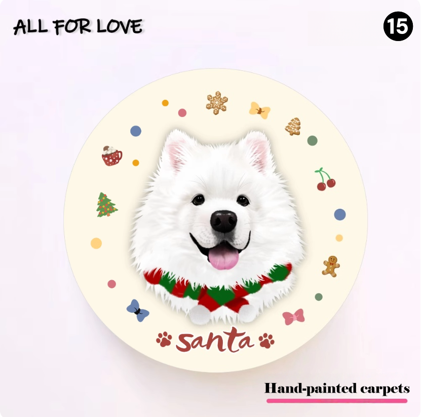 Round carpet with a white dog wearing a wreath labeled 'Santa' on a light background.