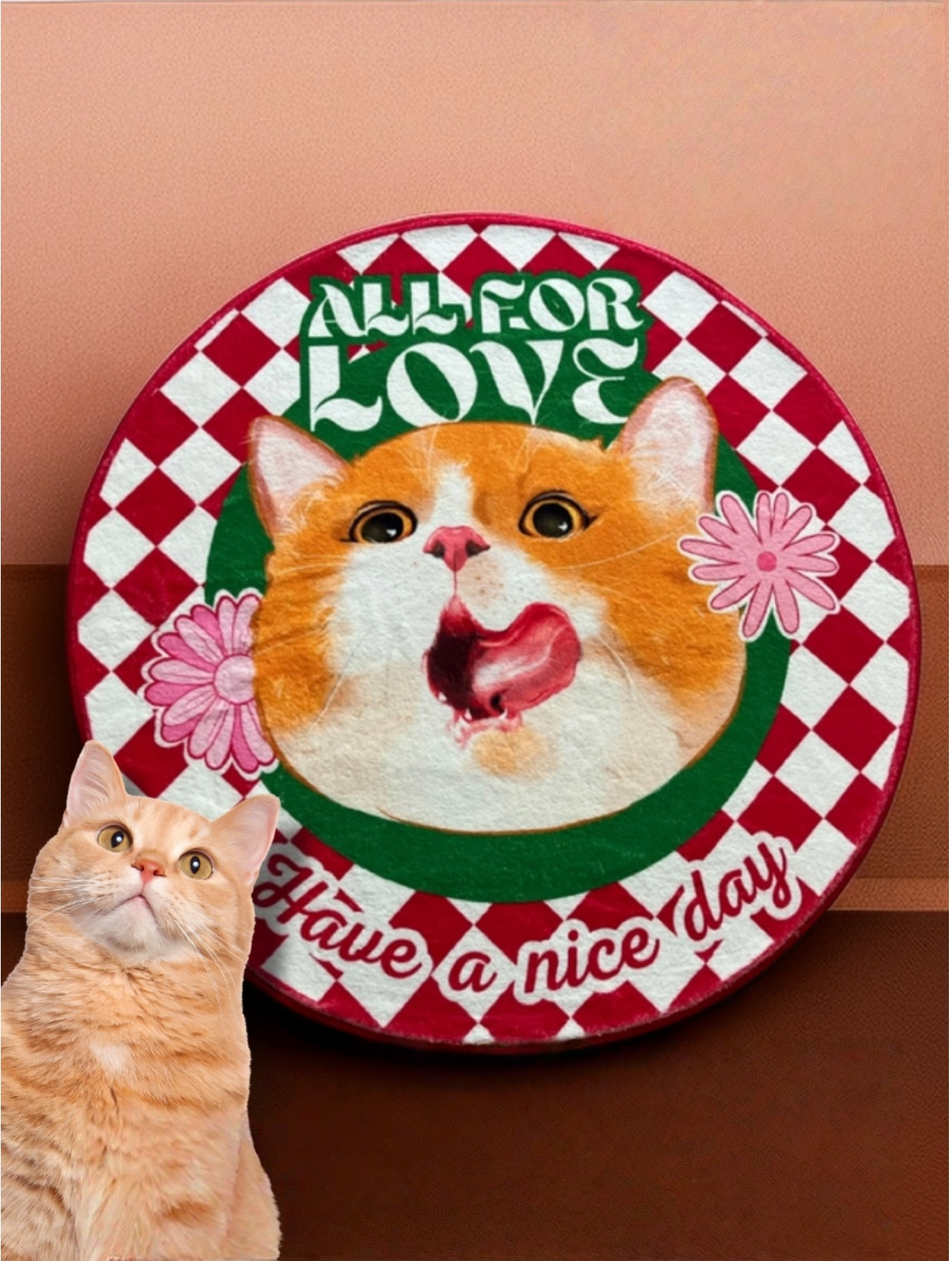 Decorative plate with a cat illustration and text 'All for love, have a nice day' on a checkered background.