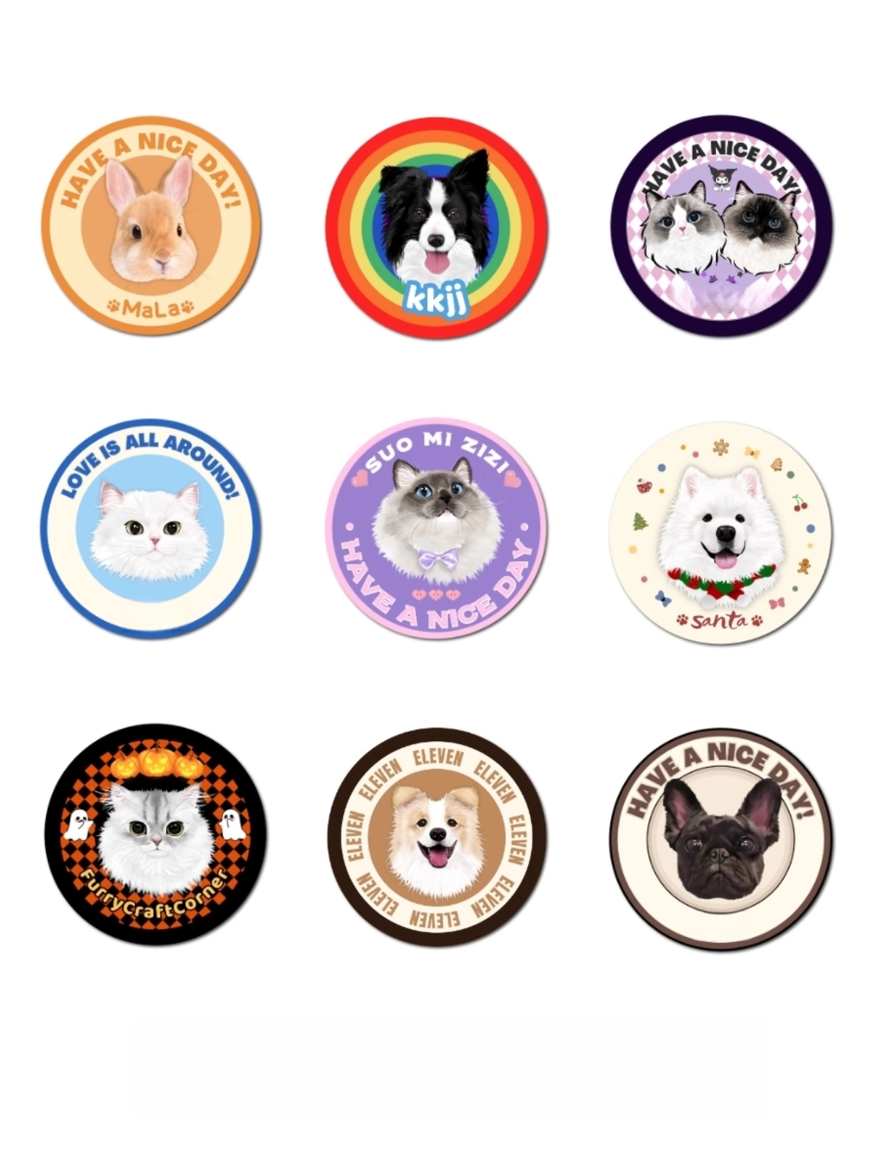Set of round stickers with various animals and phrases on a white background