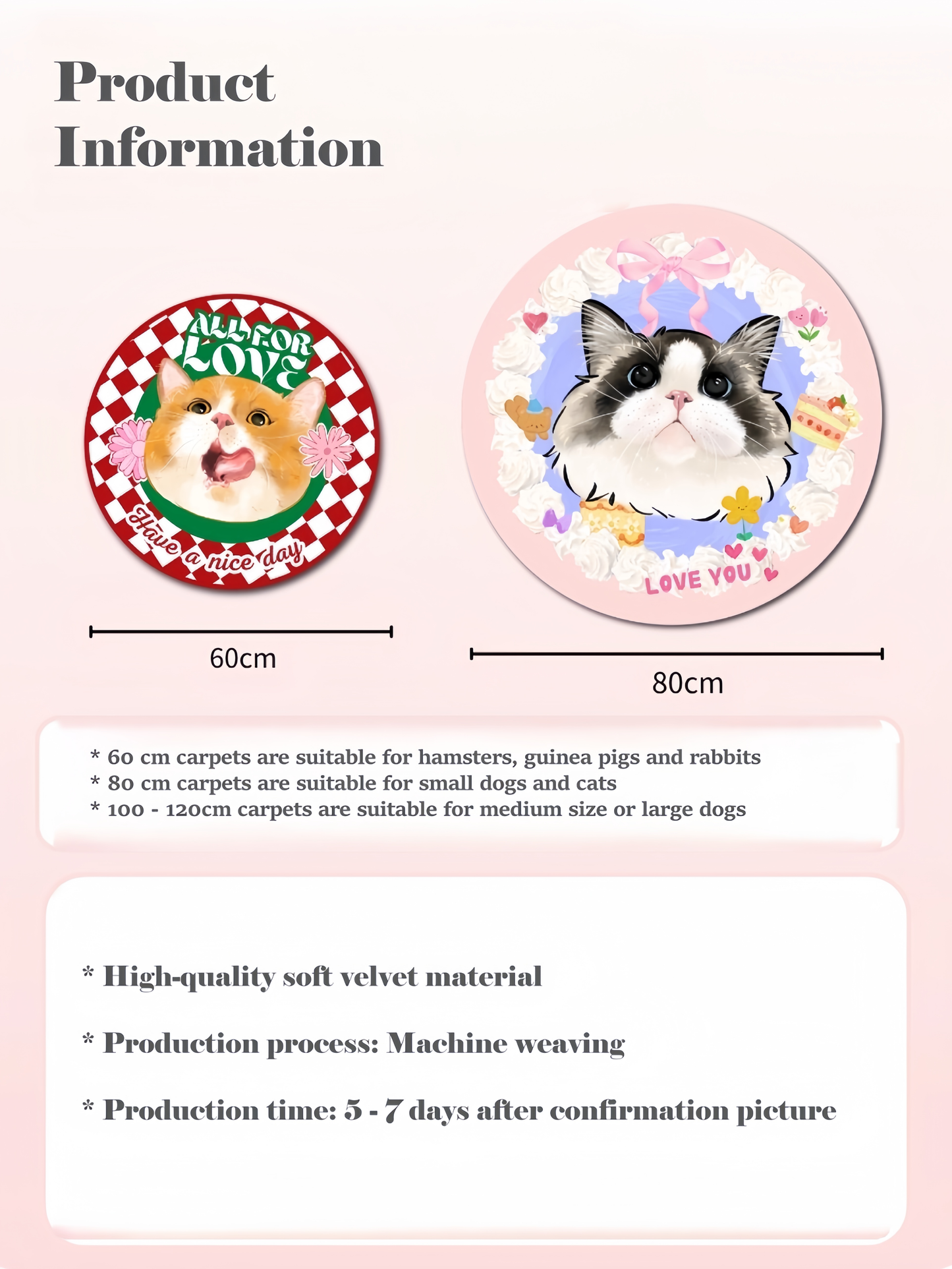 Product information for carpets with dog and cat designs, including dimensions and material details.