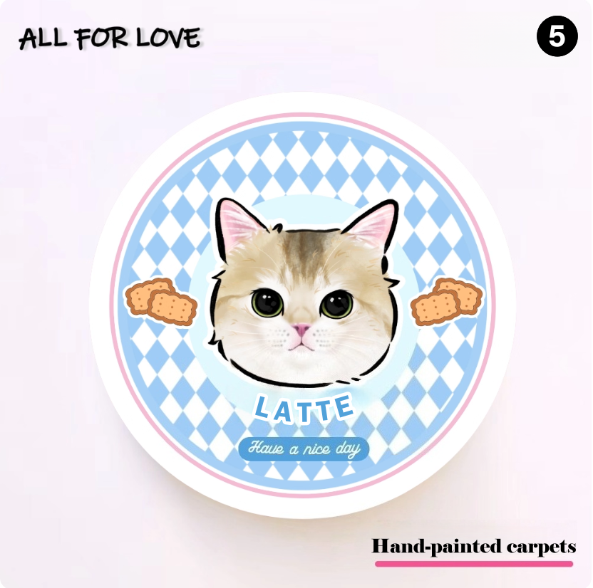 Circular product with a cat illustration and 'All for Love' branding on a light pink background