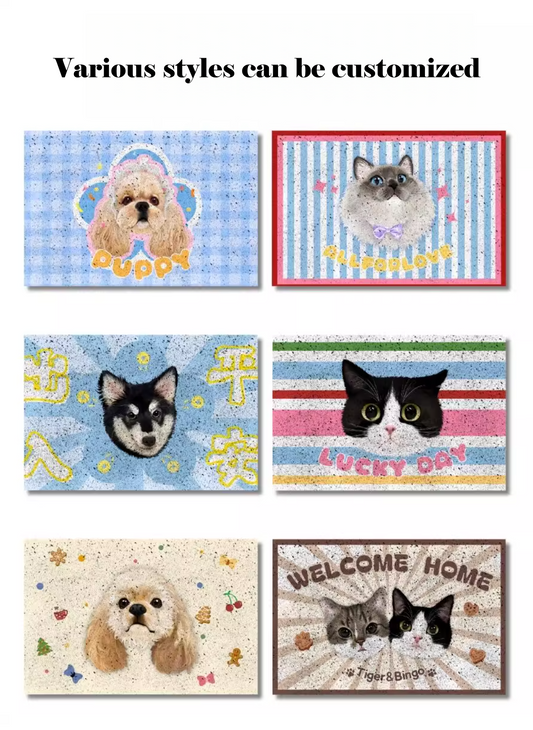 Collection of customizable pet-themed doormats with various designs.
