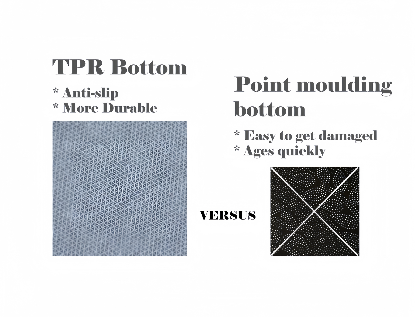 Comparison chart of TPR bottom and point moulding bottom with text and visual representations on a white background.